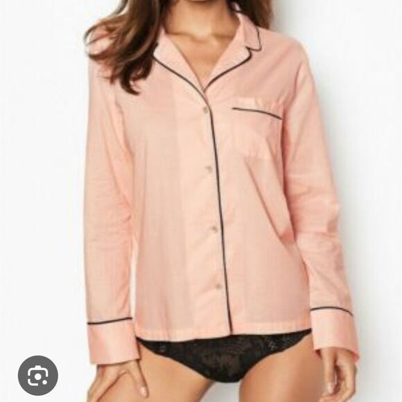 Pink Button-Up Pajama Top with Black Trim - Picture 2 of 6